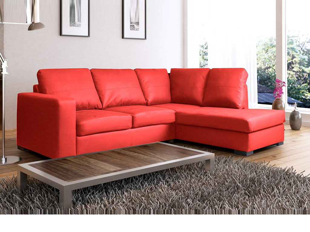 small red leather corner sofa